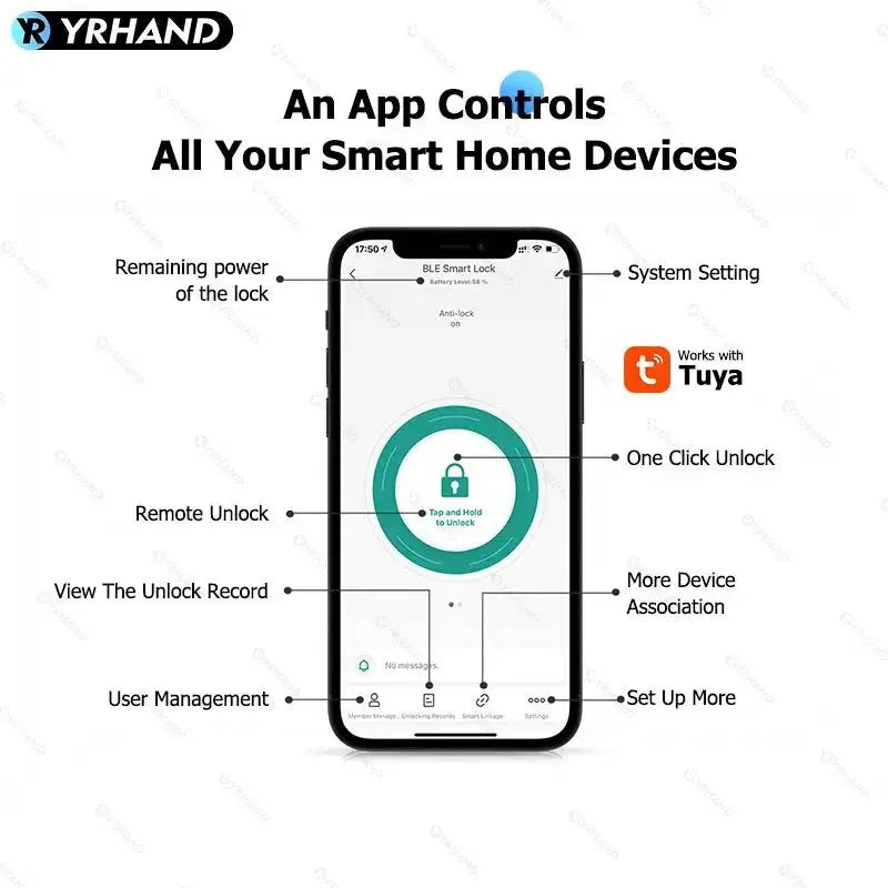 TTlock Smartkey Lock Box app interface on smartphone with blue unlock ring; YRHAND branding