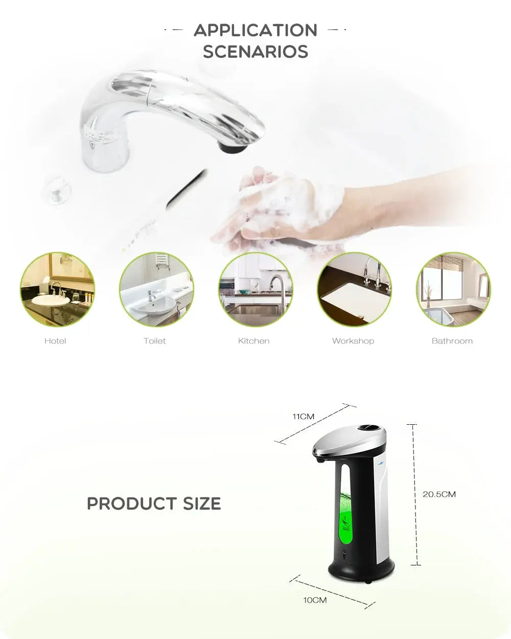 Automatic touchless soap dispenser, 400ml, ABS plastic, black and silver