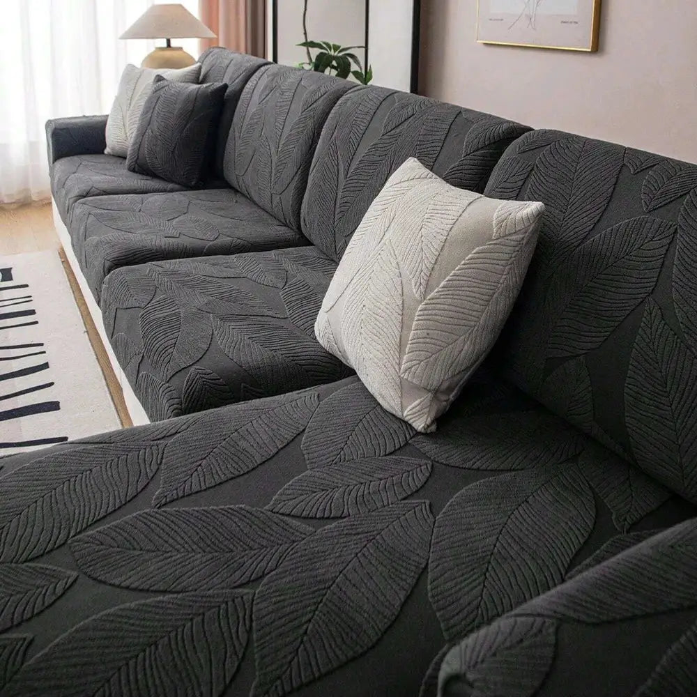 Sofa cushion cover by Simples Market in waterproof dark gray jacquard leaf fabric for living room