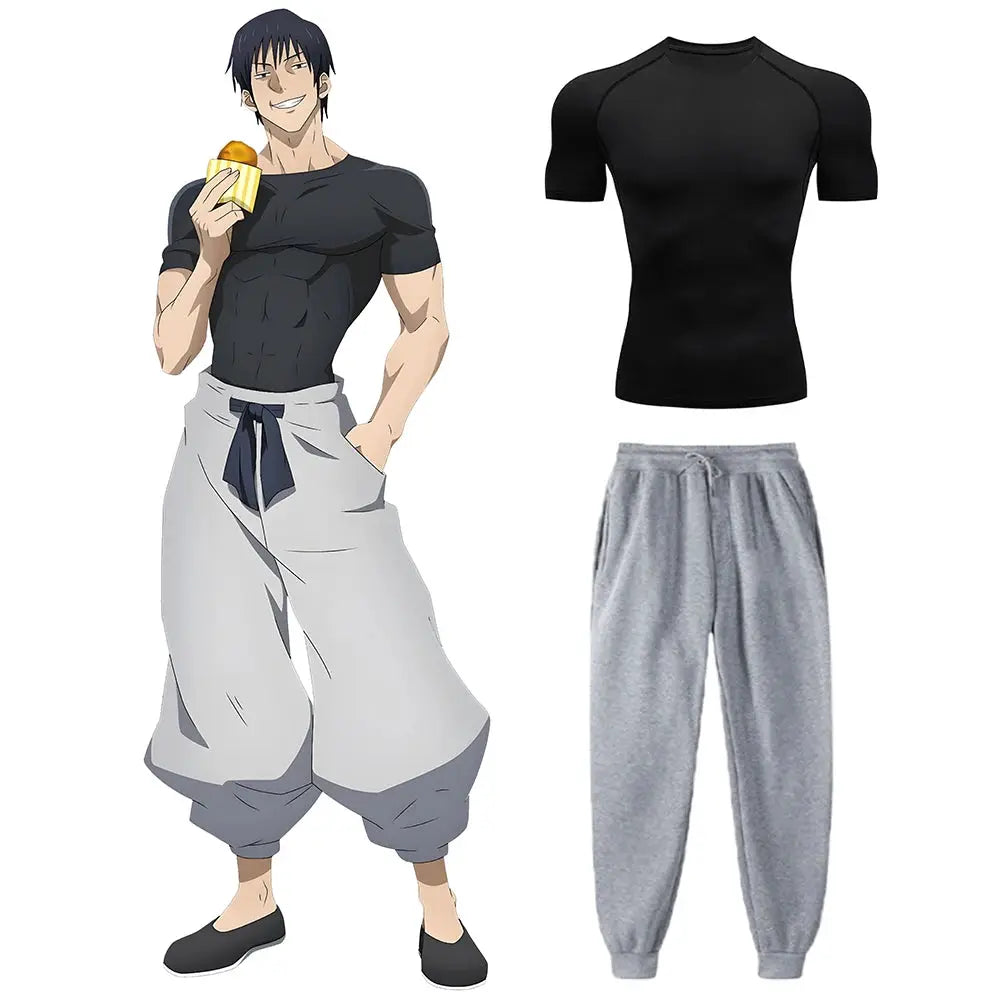 Toji compression shirt set—black tee + gray sweatpants, anime Jujutsu Kaisen two-piece unisex