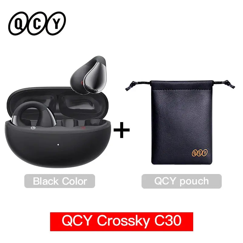 QCY Crossky C30 open-ear ear clip earphones (2 earbuds) in black with charging case and QCY pouch