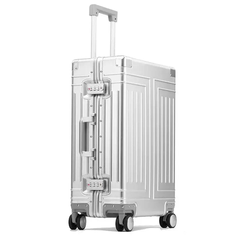 Travel suitcase by Simples Market, silver aluminum-magnesium alloy hard-shell luggage with four wheels