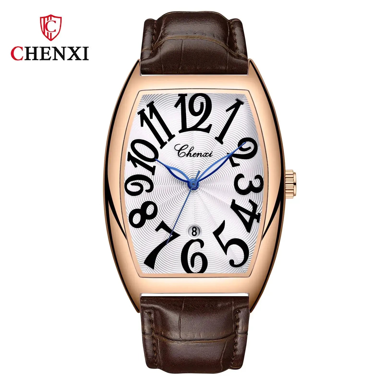 CHENXI men's watch with rose-gold case, brown leather strap, silver dial, oversized black numerals, blue hands
