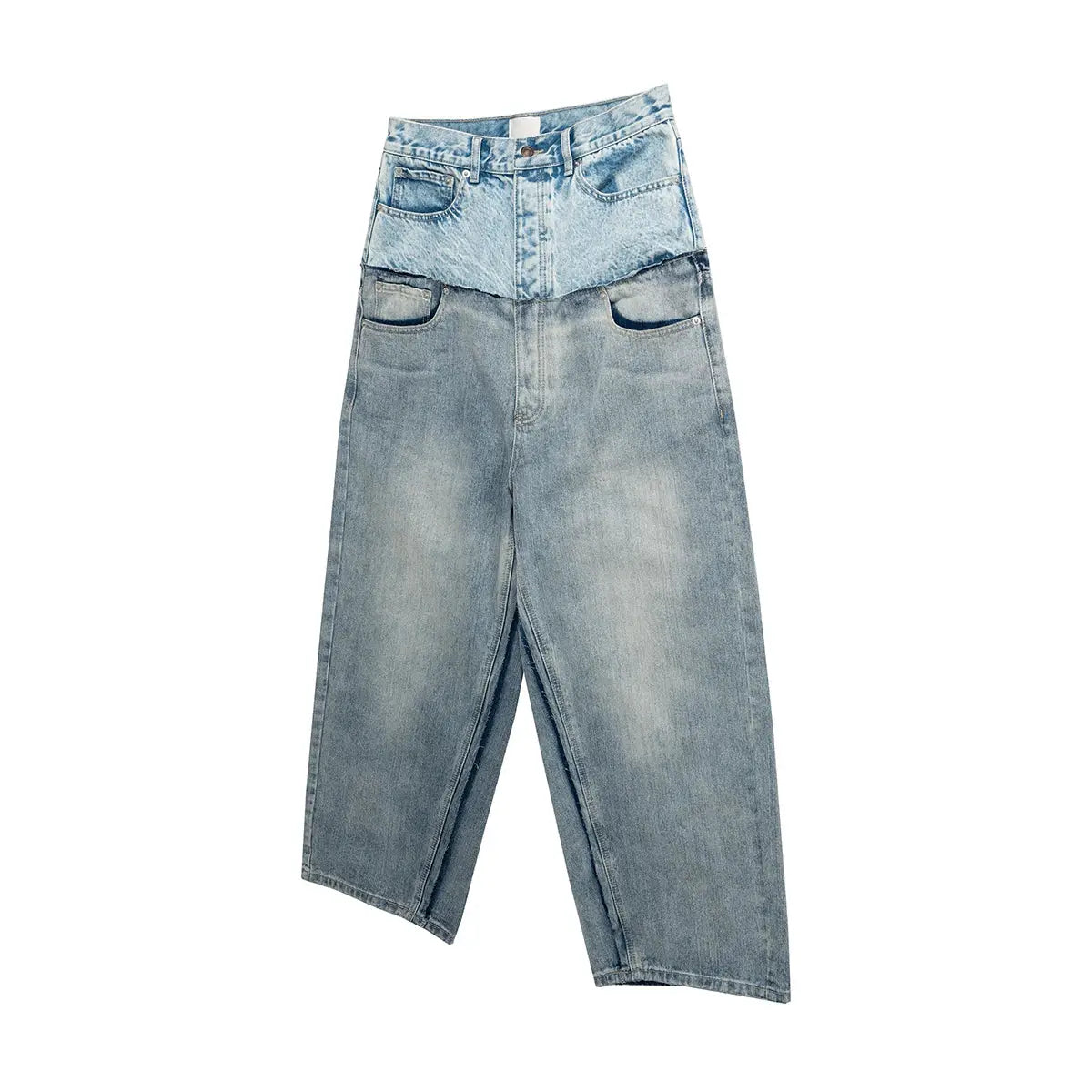 Patchwork denim jeans with double-waist panels, baggy straight-leg fit in light and mid-blue tones