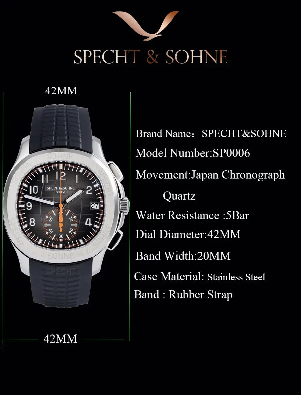 Specht & Sohne 5167 watch, black dial, orange hands, stainless steel case, rubber strap, 42mm, 50m water resistant