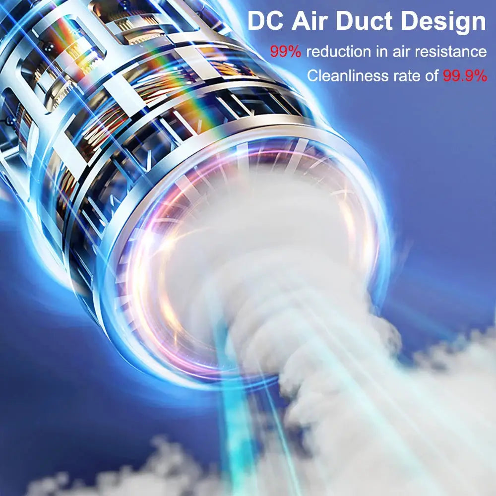 Wireless car vacuum cleaner with DC air duct design motor graphic and blue glow