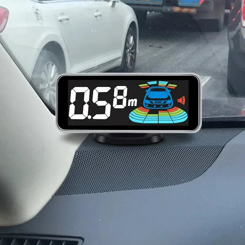 Simples Market 8 Parktronic parking sensor display unit on dashboard, black frame with 0.58 m readout and car graphics