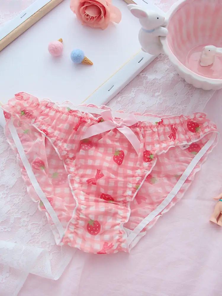 Pink strawberry-print mesh panties with gingham pattern, ruffled trim and bow