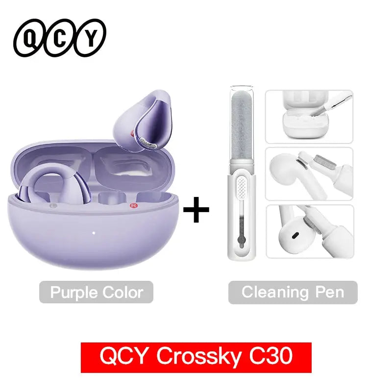 QCY Crossky C30 ear clip wireless open-ear earbuds in purple with cleaning pen 2-piece set