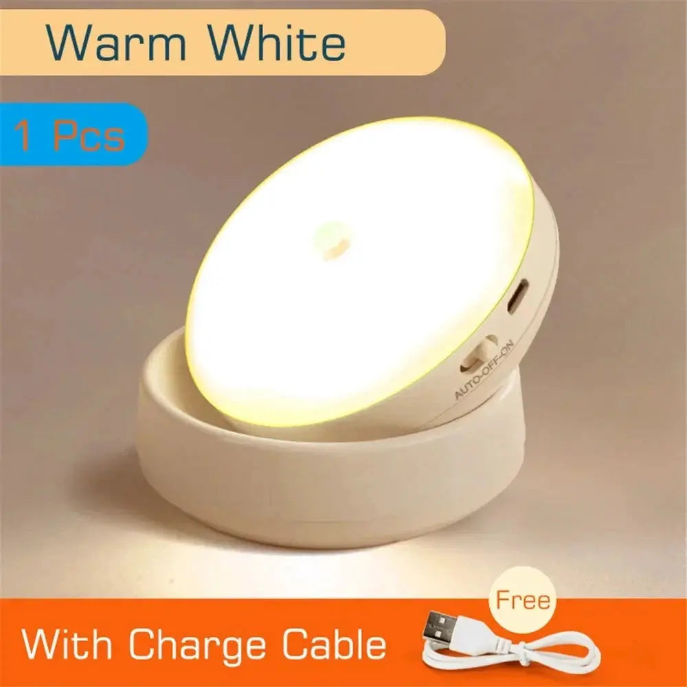 Night light USB motion-sensor round LED lamp, warm white, Simples Market with charging cable