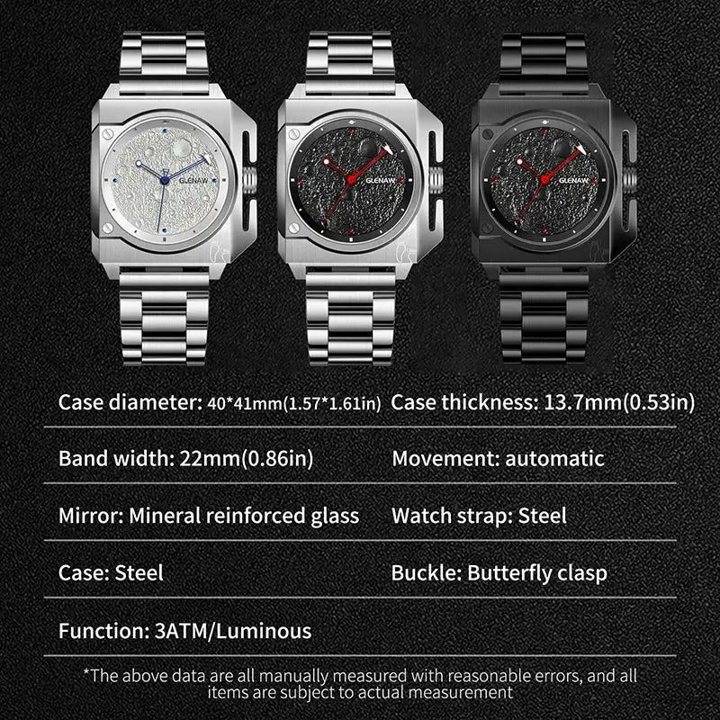 Three GLENAW stainless steel mechanical watches with moon dial and luminous spaceship pointer