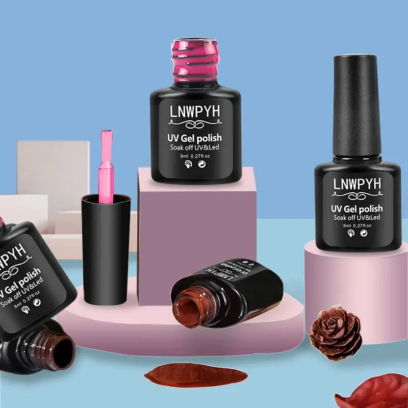 Nail gel polish bottles by LNWPHY (4) on pastel pink and purple display blocks.