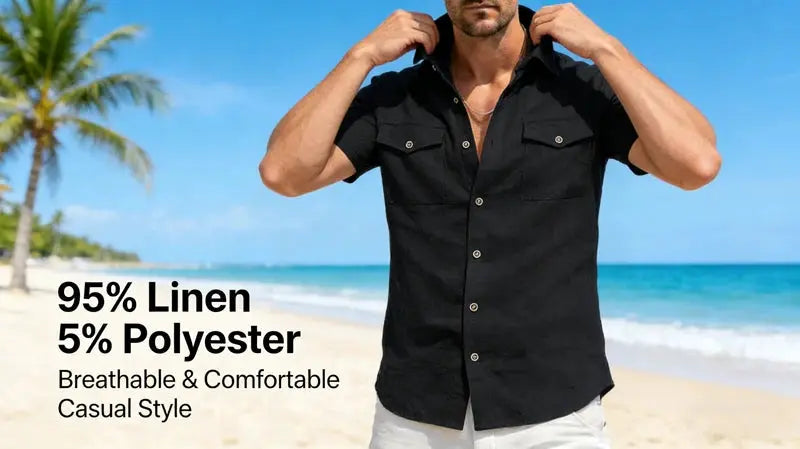 Men's black linen short-sleeve button-up shirt with two chest pockets, breathable lightweight beachwear