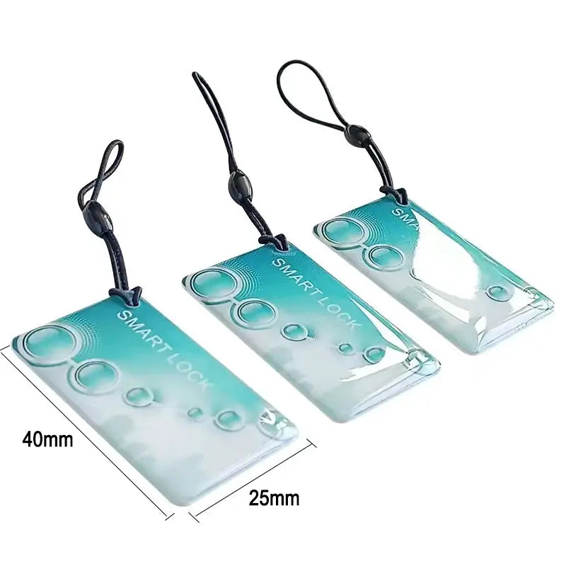 Transparent blue-green 40x25mm RFID cards with black lanyards; 13.56MHz M1 proximity, set of 3.