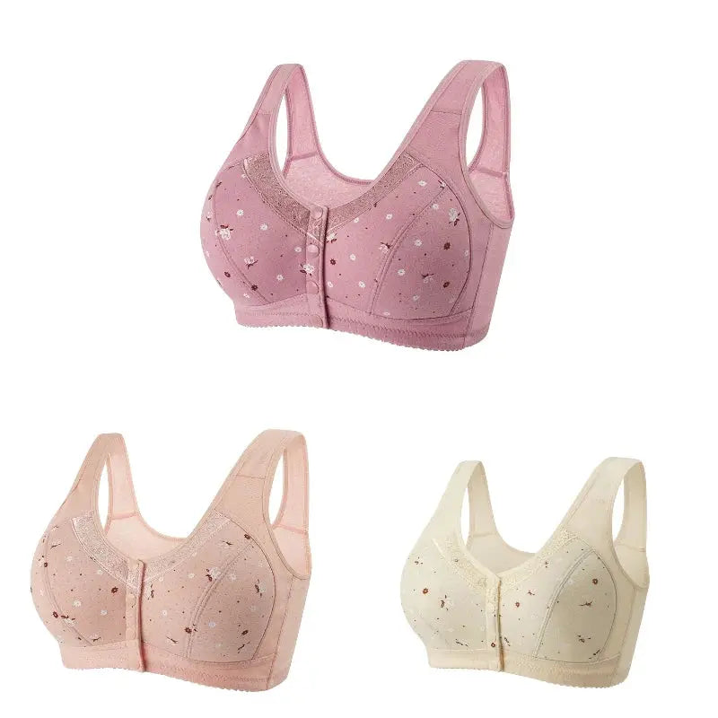 FallSweet 3Pcs front-closure bra set for women; plus-size seamless wireless lace bralettes in pink, peach, ivory.