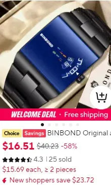 BINBOND men's wristwatch with blue dial and black stainless steel band