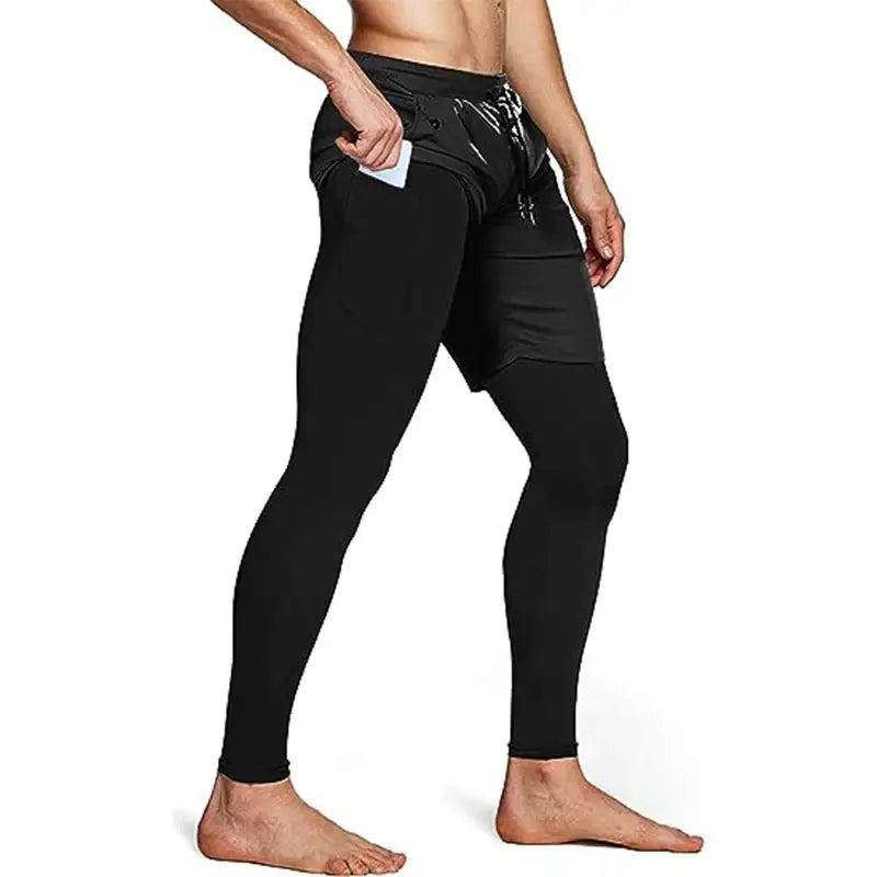 Men's 2-in-1 black athletic training pants with built-in shorts and compression tights