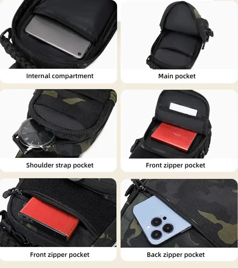 Simples Market tactical chest bag with camouflage pattern and MOLLE system; multiple pockets for front and back storage