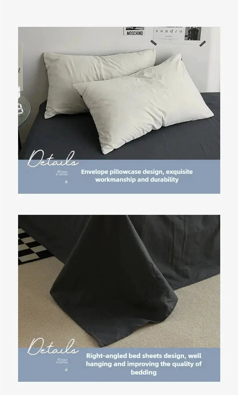 Cotton bedding set by Simples Market, 4-piece solid color in cream/black; double-washed dorm bed linen.
