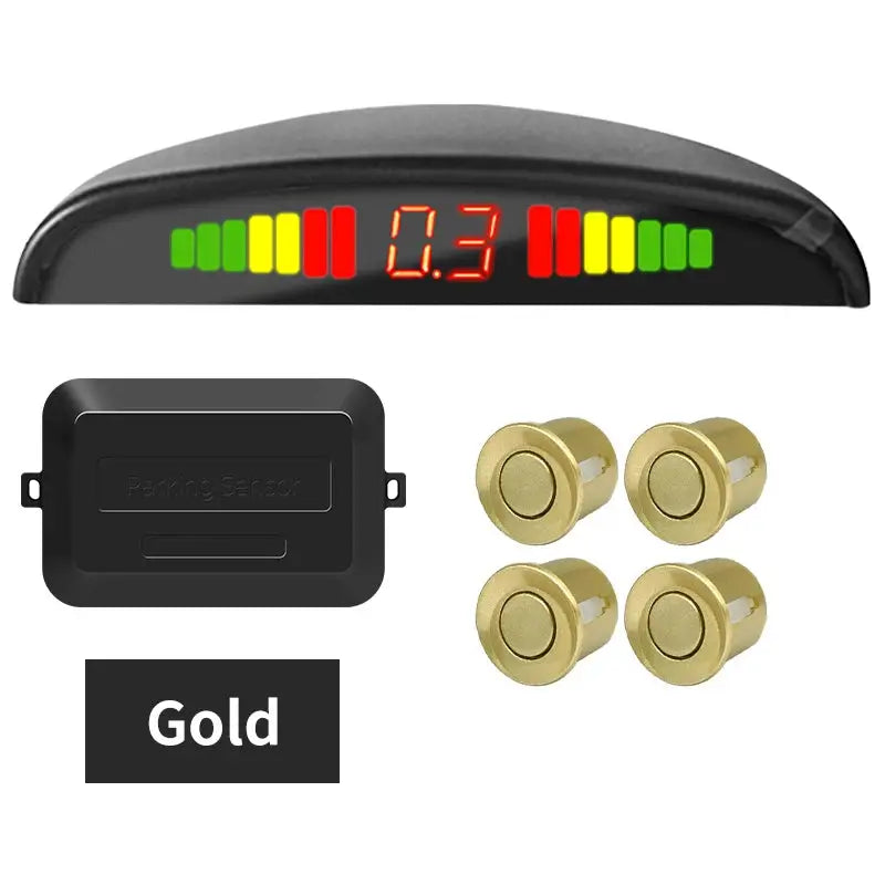 Hippcron car LED parking sensor kit with 4 gold 22mm sensors and black control module with color LED display