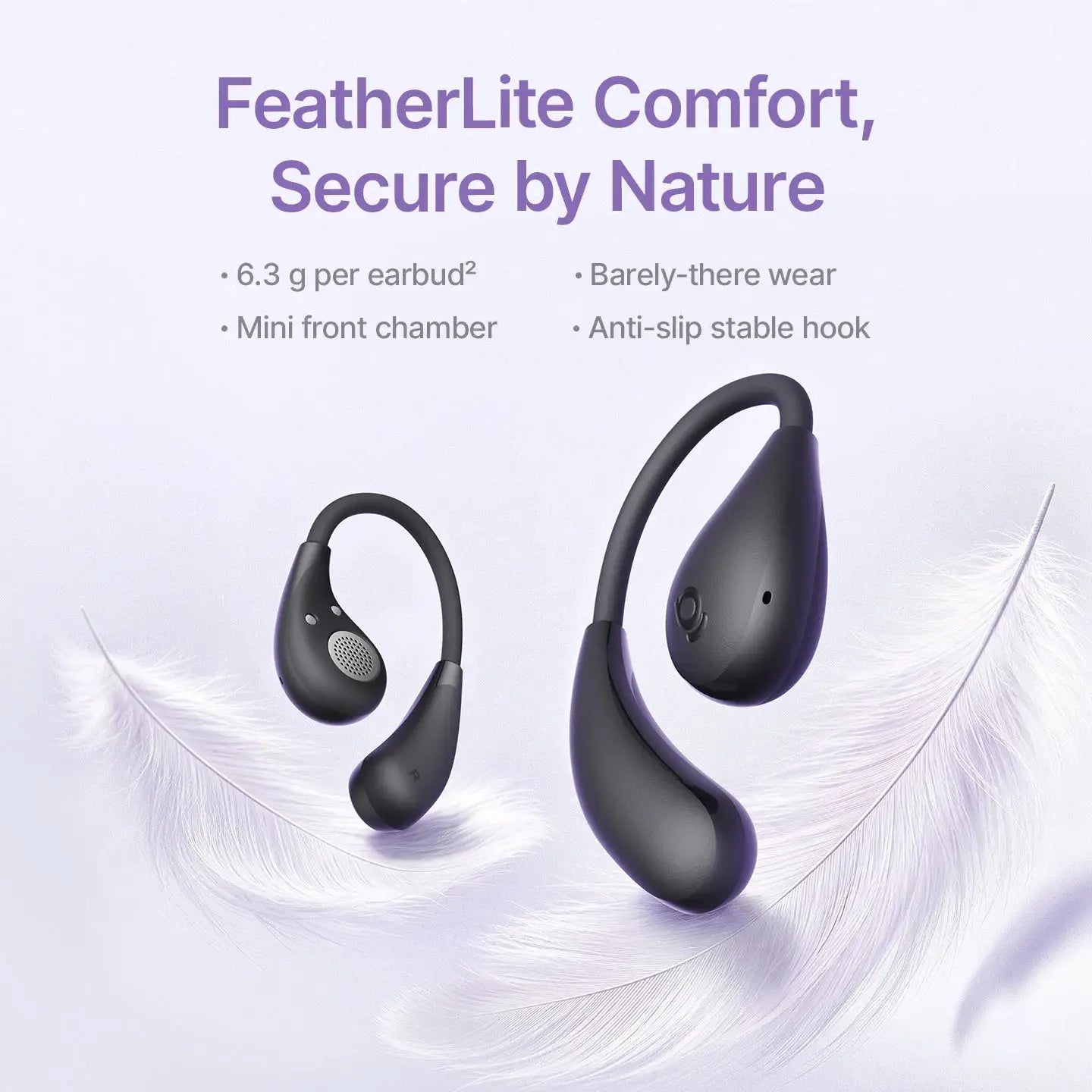 Baseus BF1 Lite open-ear sport wireless earbuds with earhooks, 2 earbuds, black and purple, Bluetooth 5.4