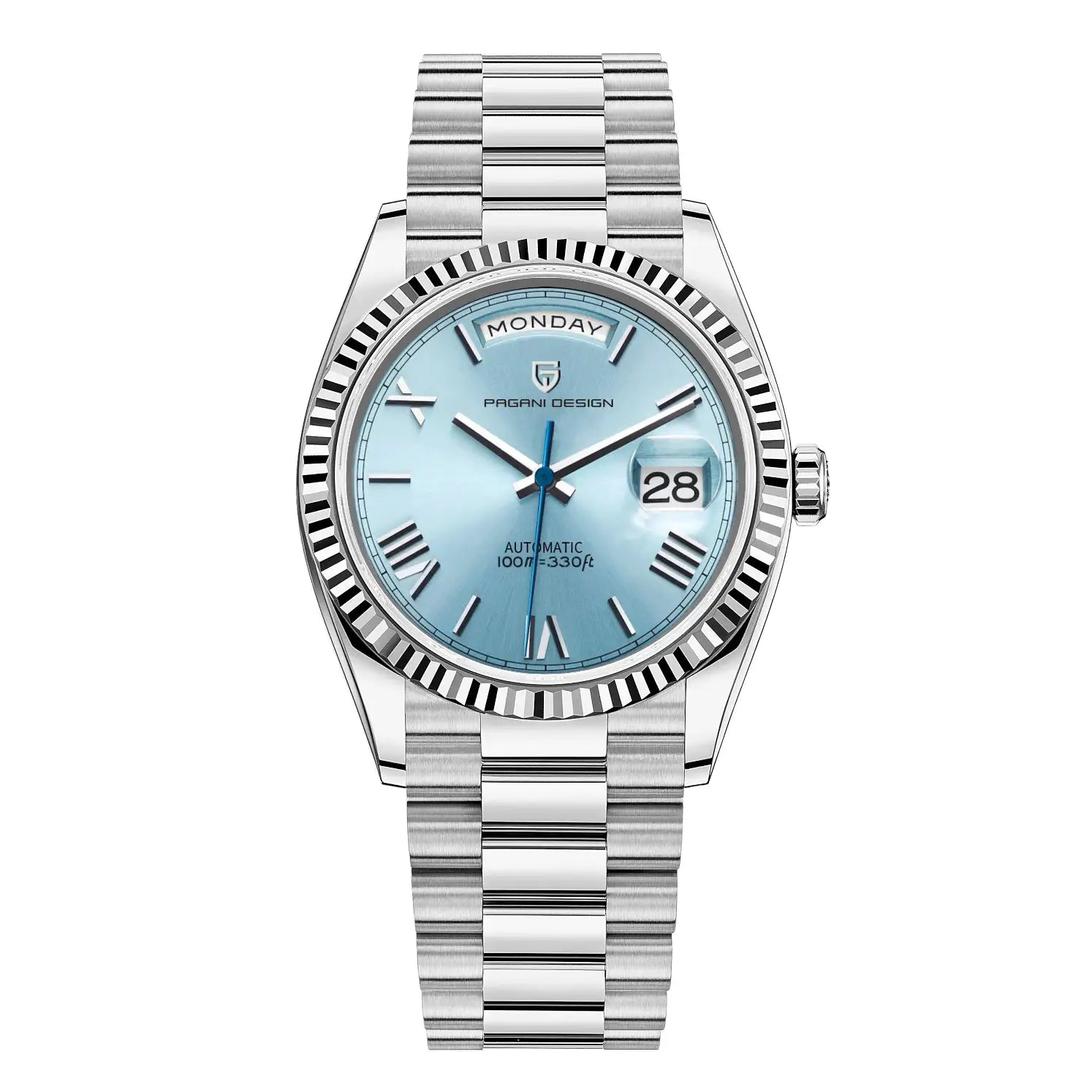 Pagani Design DD36 men's stainless steel watch with blue dial and day-date window