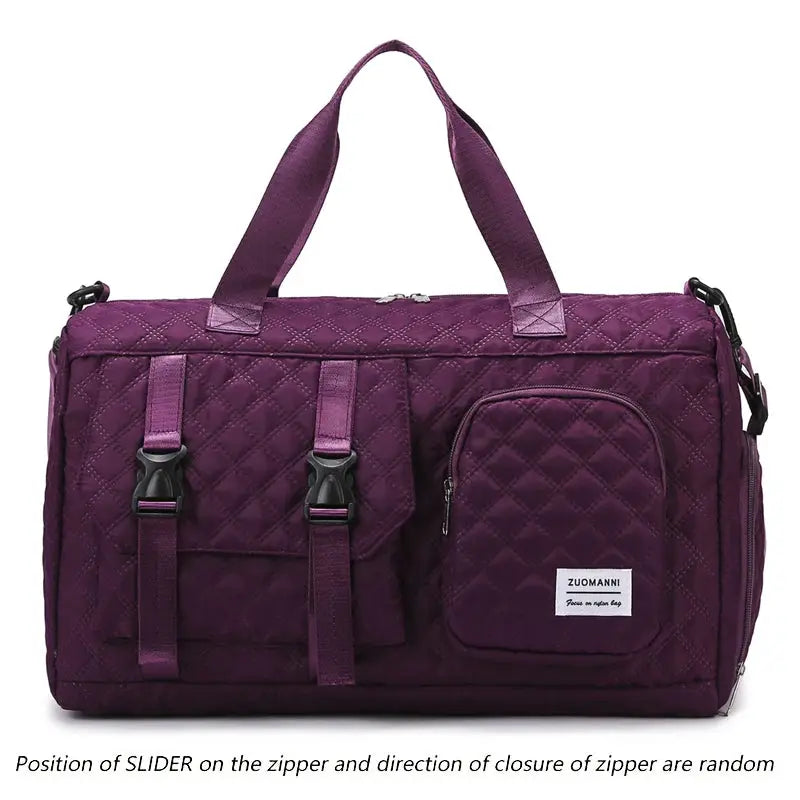 Travel duffel bag in purple quilted nylon with front zip pocket by ZUOMANNI