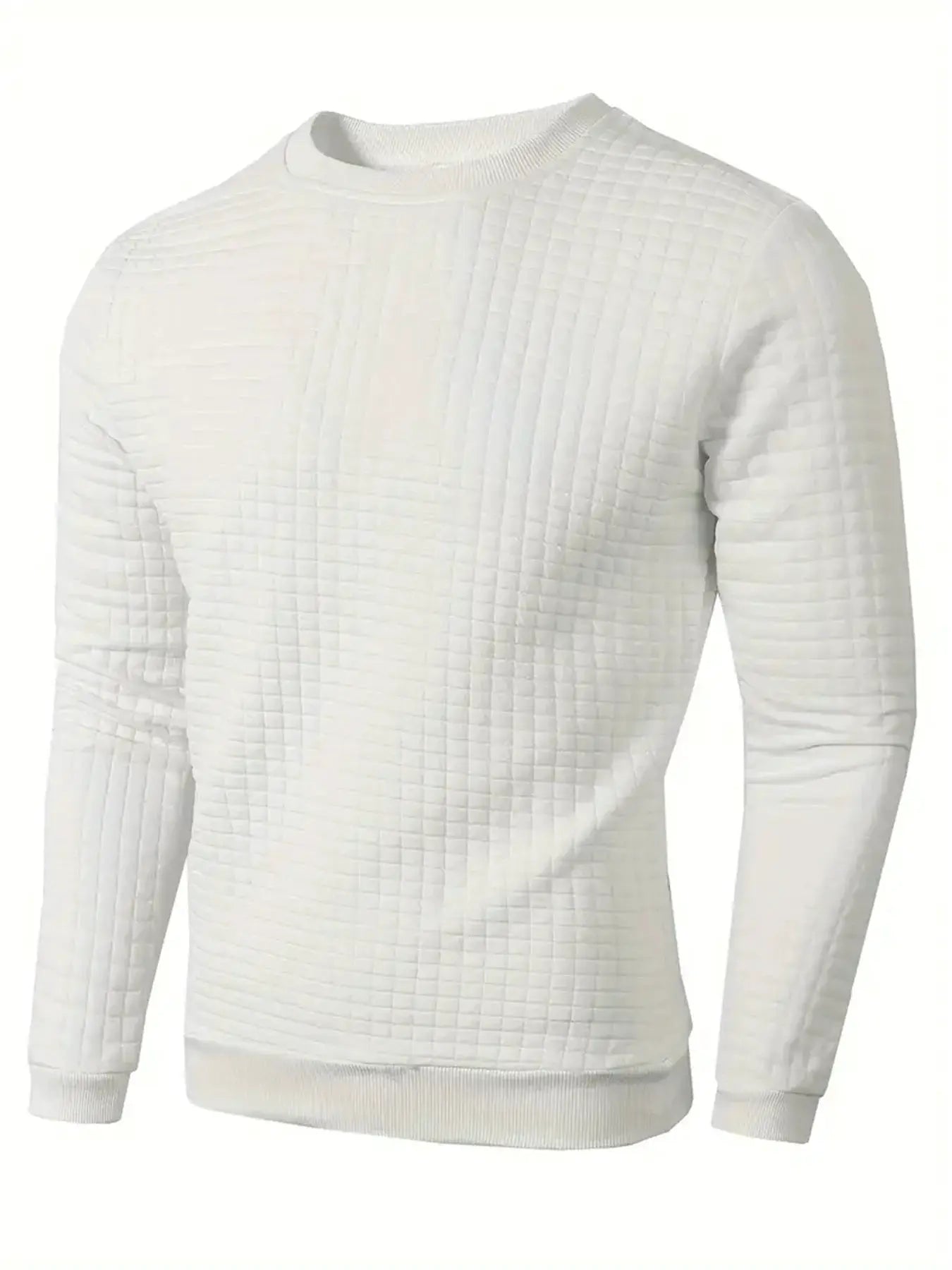 Men's white quilted crew-neck pullover with textured grid jacquard, long sleeves, ribbed cuffs and hem