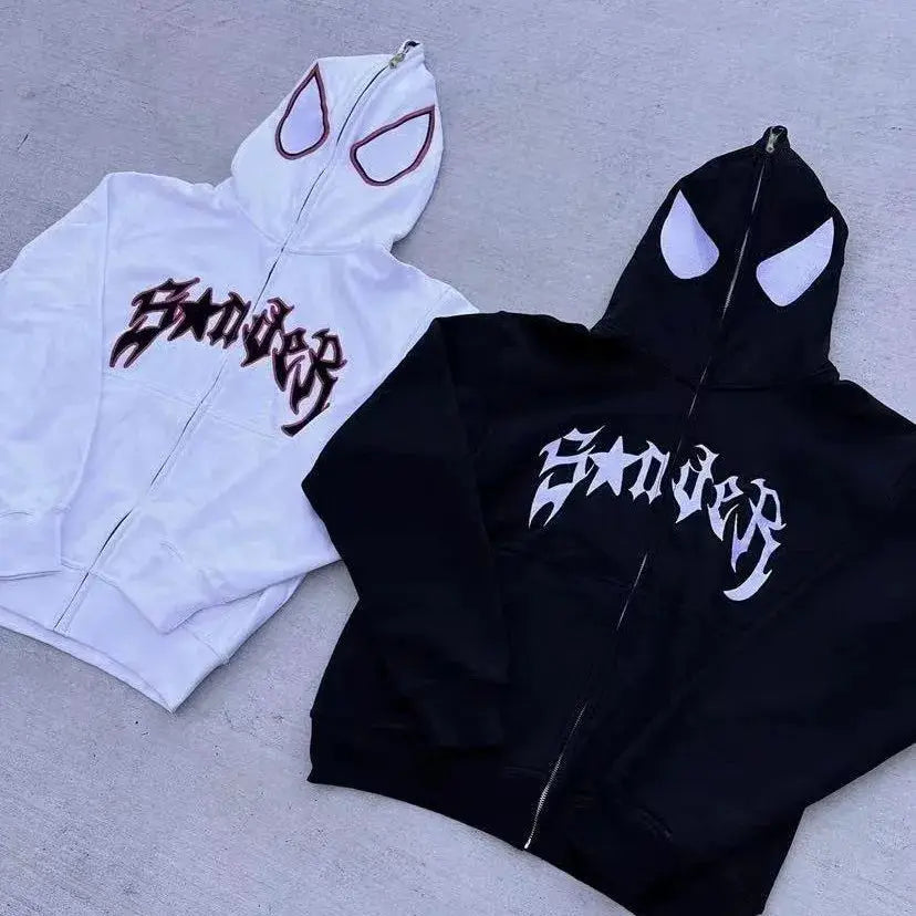 Urban Nocturne Full Zip Spider Hoodie Unisex Oversized Harajuku Streetwear With Graphic Y2K Style