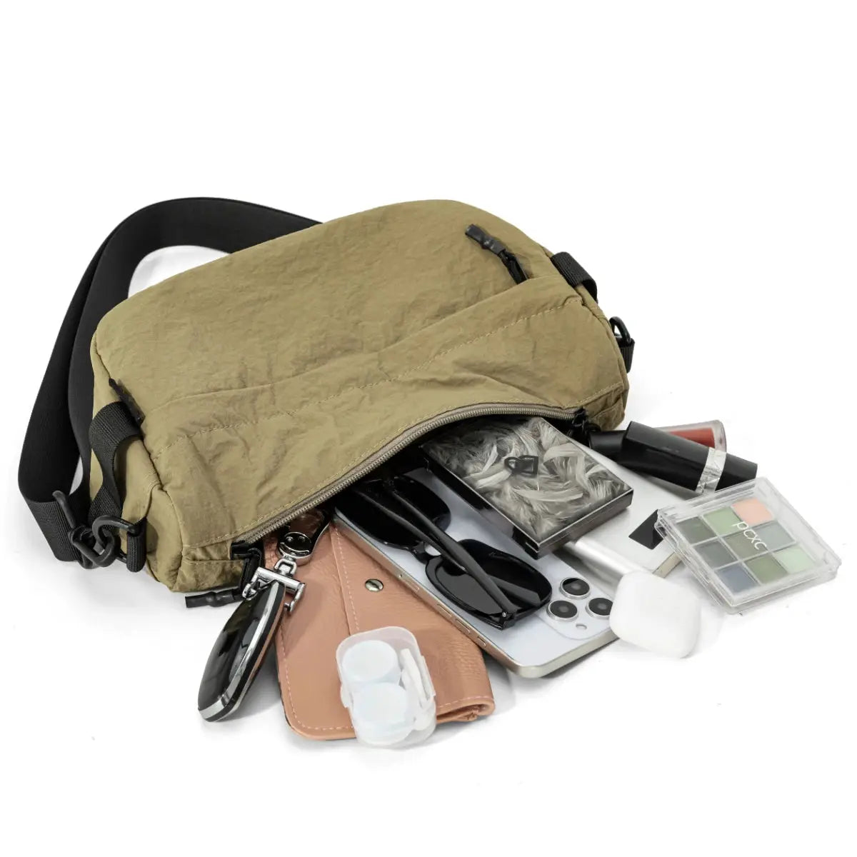 Japanese-Style waterproof lightweight nylon crossbody bag, khaki, unisex, multi-pocket small square bag.