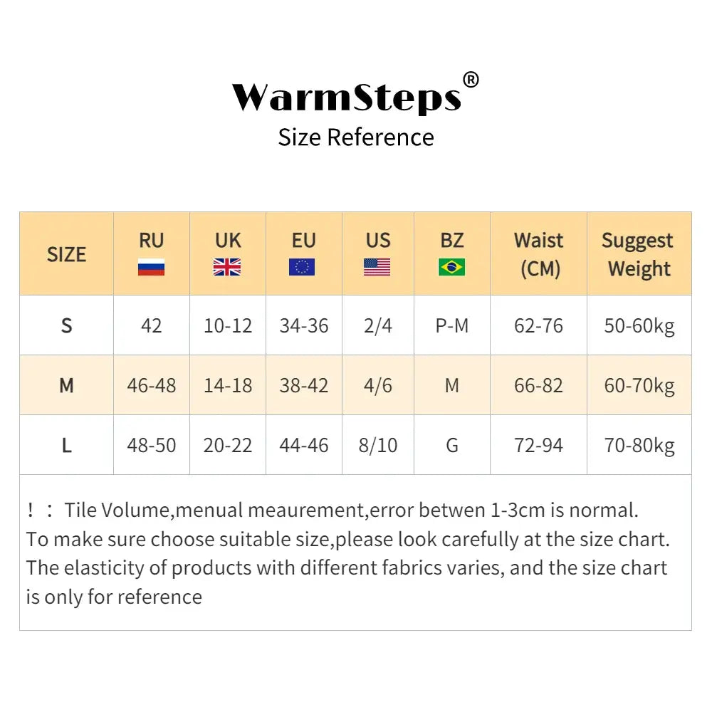 WarmSteps 3Pcs Leopard Thongs set size reference chart showing RU/UK/EU/US sizes and waist measurements