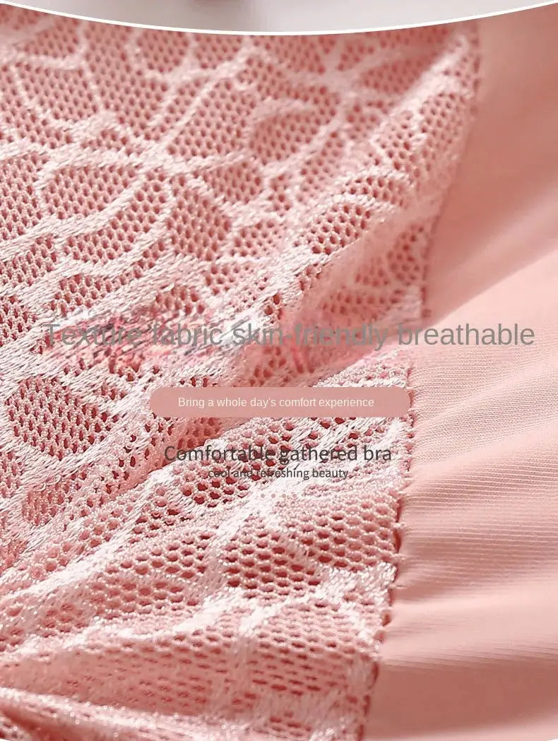 Pink lace bra by Simples Market; breathable, comfortable fabric close-up