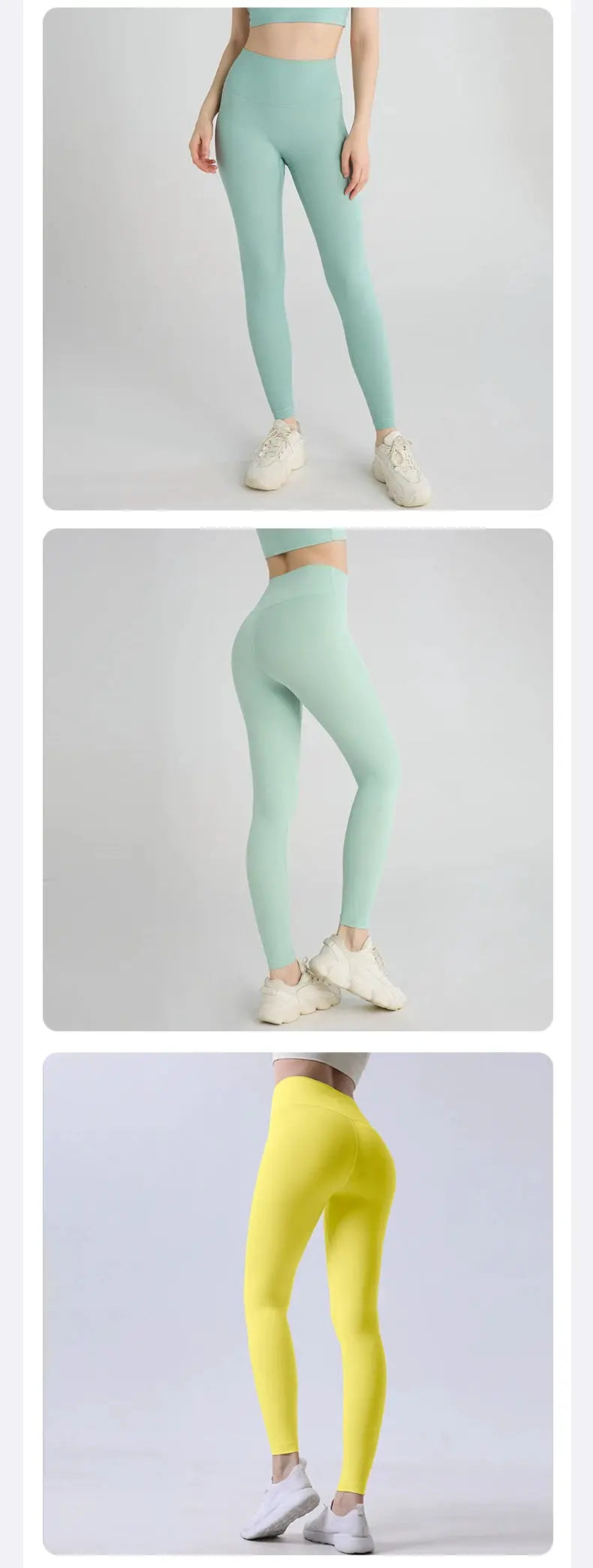 Women's high-waisted yoga leggings set of 3 in mint green and yellow, breathable stretch fabric for workouts.
