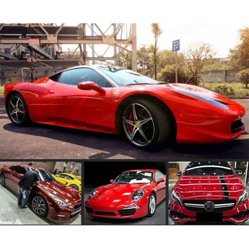 Car glossy PPF film wrap by Simples Market for vehicles; collage of 4 red cars.