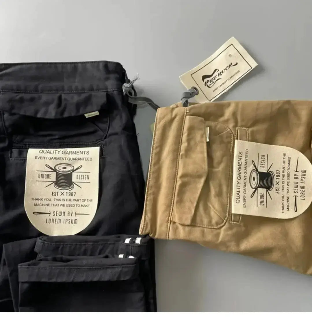 Simples Market men's cargo pants; two pairs in black and khaki, pure cotton heavy-duty, loose straight-leg with tags