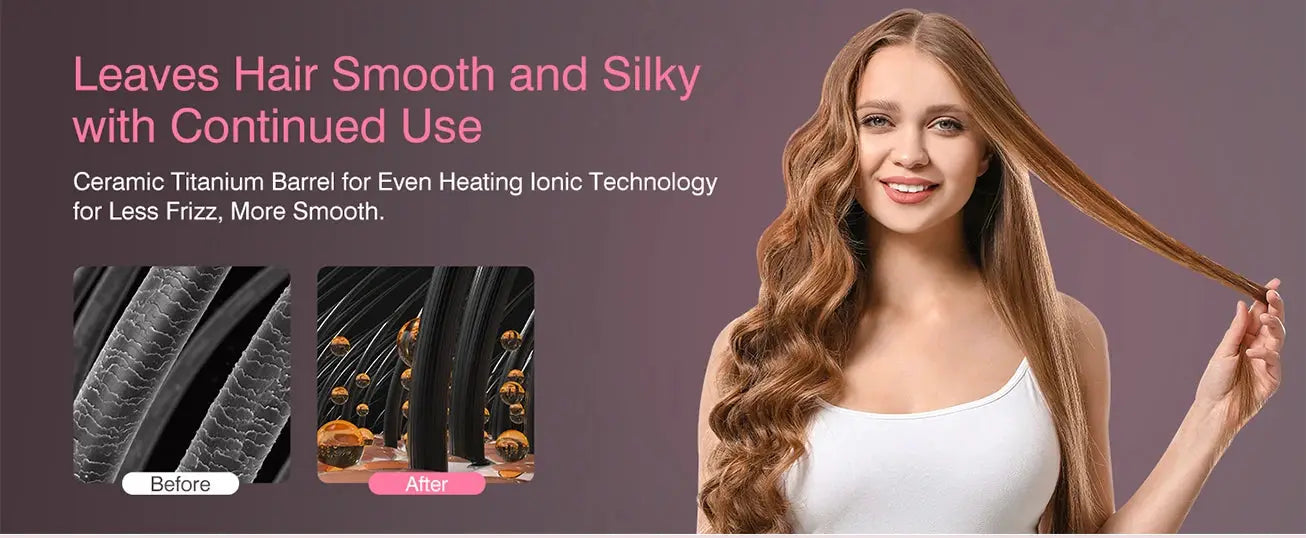 LISAPRO 2-in-1 hair dryer and volumizer by Simples Market ceramic titanium barrel; model shows straight and wavy hair.