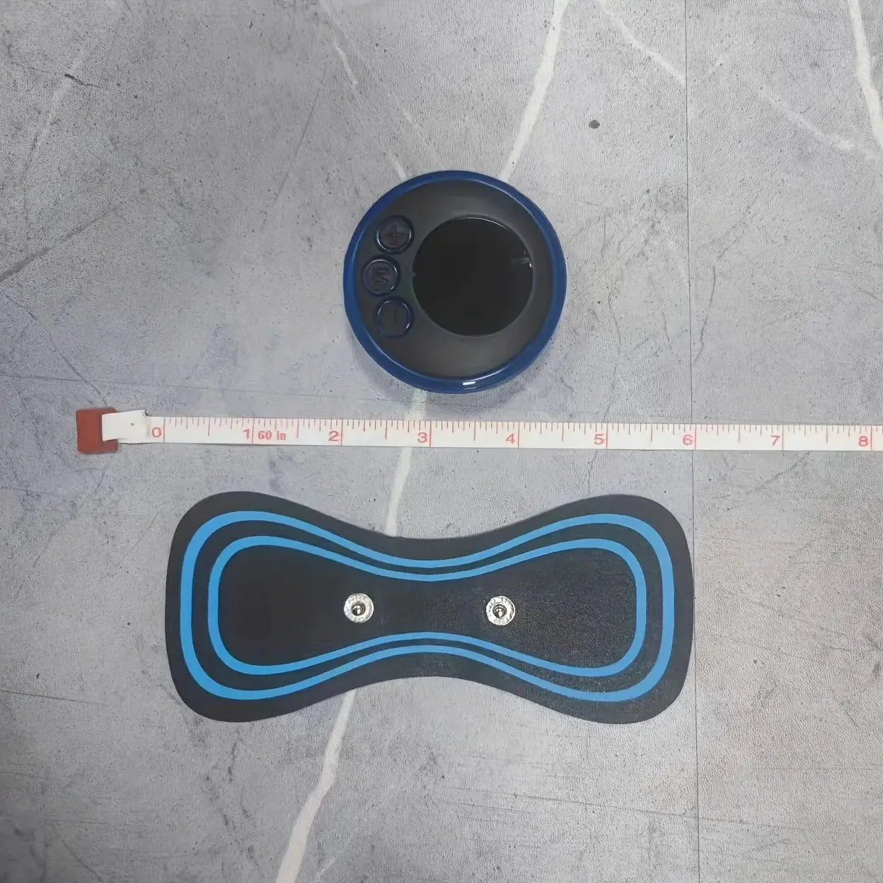 EMS neck massage device set with blue circular controller and curved blue-lined pad, set of 2
