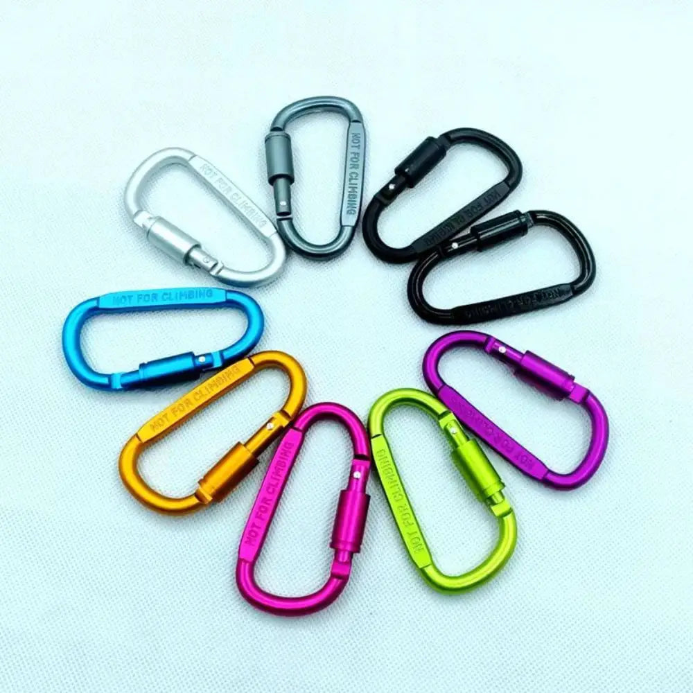 Set of 10 aluminium alloy D-shaped carabiner keychains in bright colors with locking mechanism by Simples Market