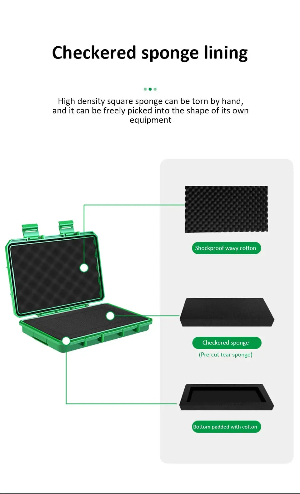 Waterproof storage case in green with checkered sponge lining and foam padding by Simples Market