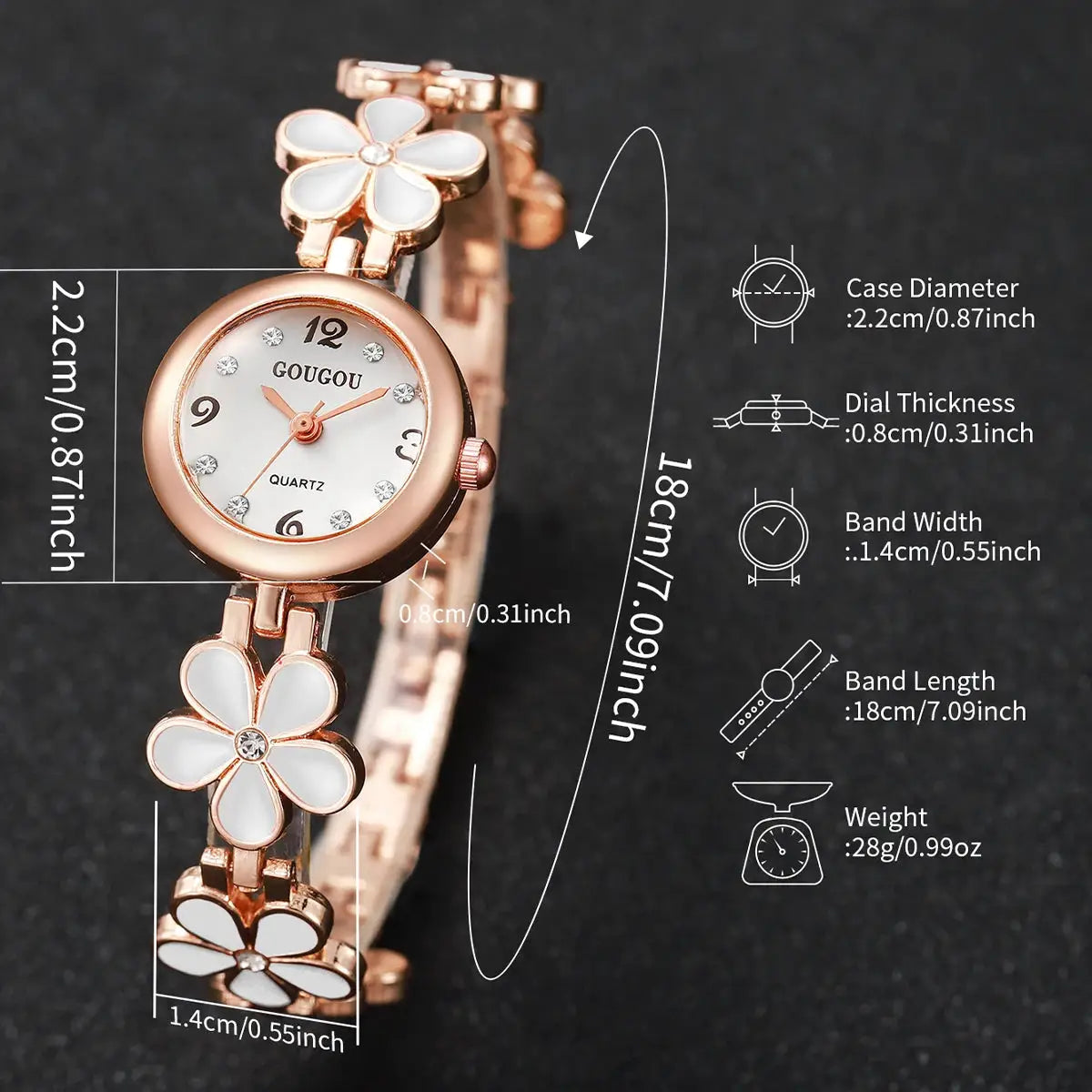 Simples Market fashion flower bracelet watch for women with rose-gold tone case and diamond hour markers.
