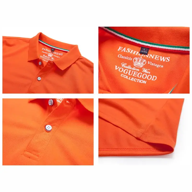 Polo shirt in orange, short sleeves, solid color with white buttons and collar.