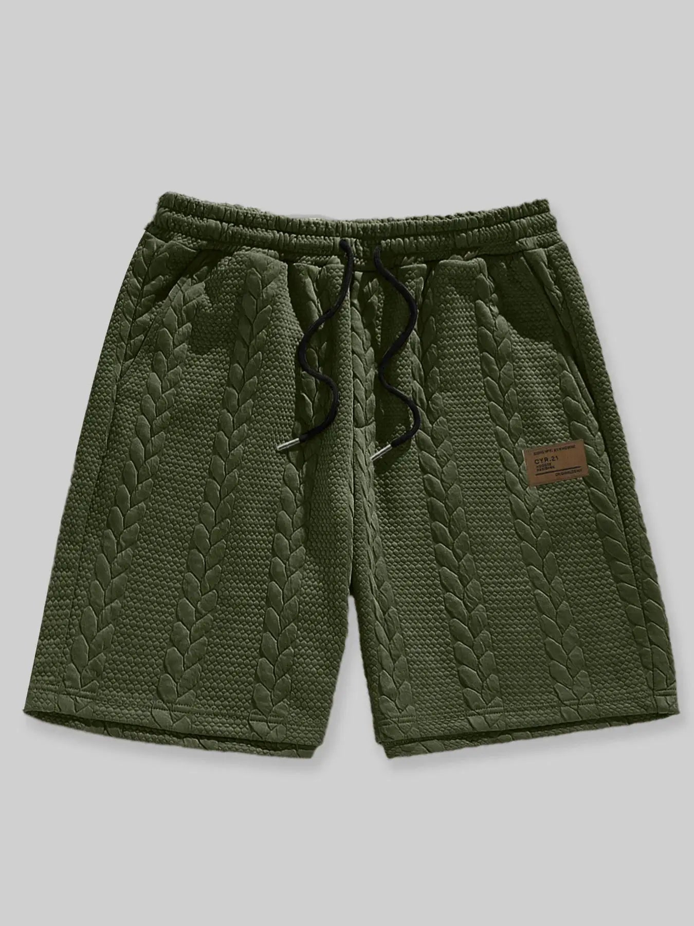 Men's olive green quilted drawstring shorts by Simples Market with braided pattern and brand patch