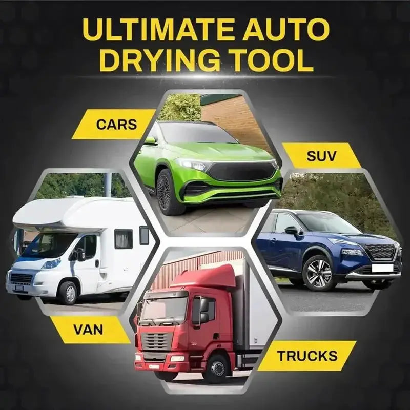 Car towel for auto care; premium quick-dry, ultra-absorbent soft cloth with collage of 5 vehicles.