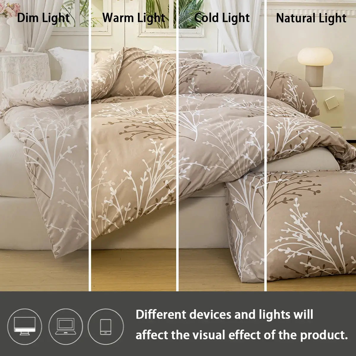 3pc Leaf Floral Duvet Cover Set in beige with white botanical print; includes 1 duvet cover and 2 pillowcases; skin-friendly bedding.