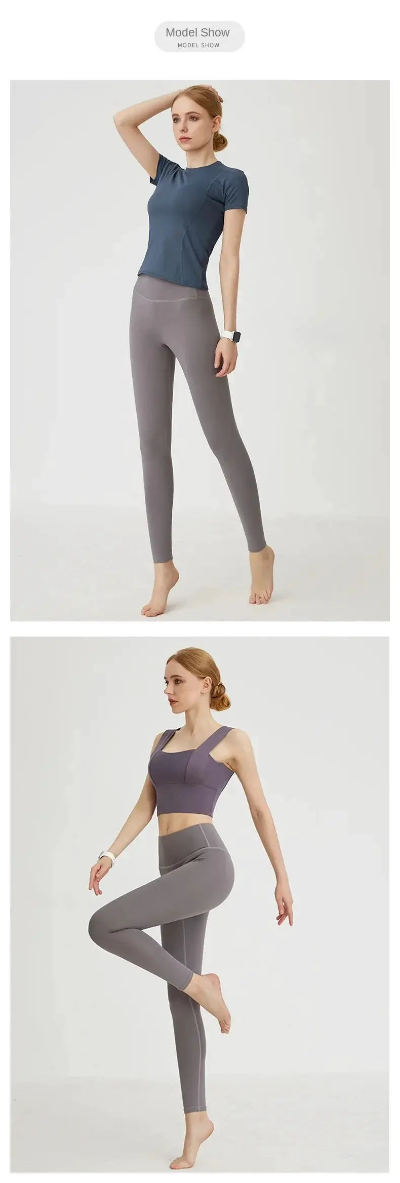 UPF50+ Women Yoga Leggings by Simples Market; two high-waist gym leggings outfits in gray and purple.