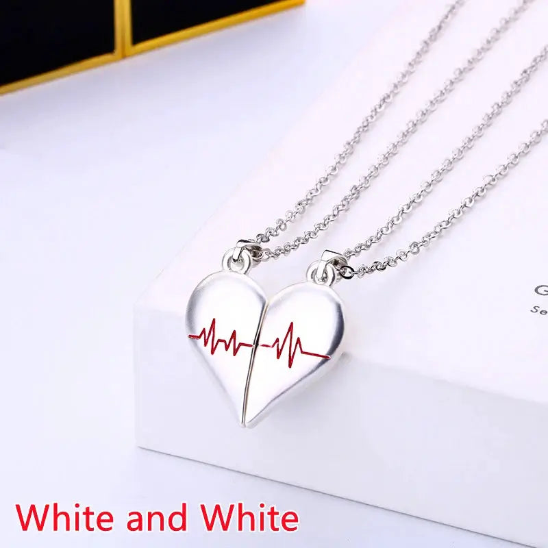 Couple Magnetic Heart Pendant Necklace Electrocardiogram Design Interlocking Hearts Valentines Gift