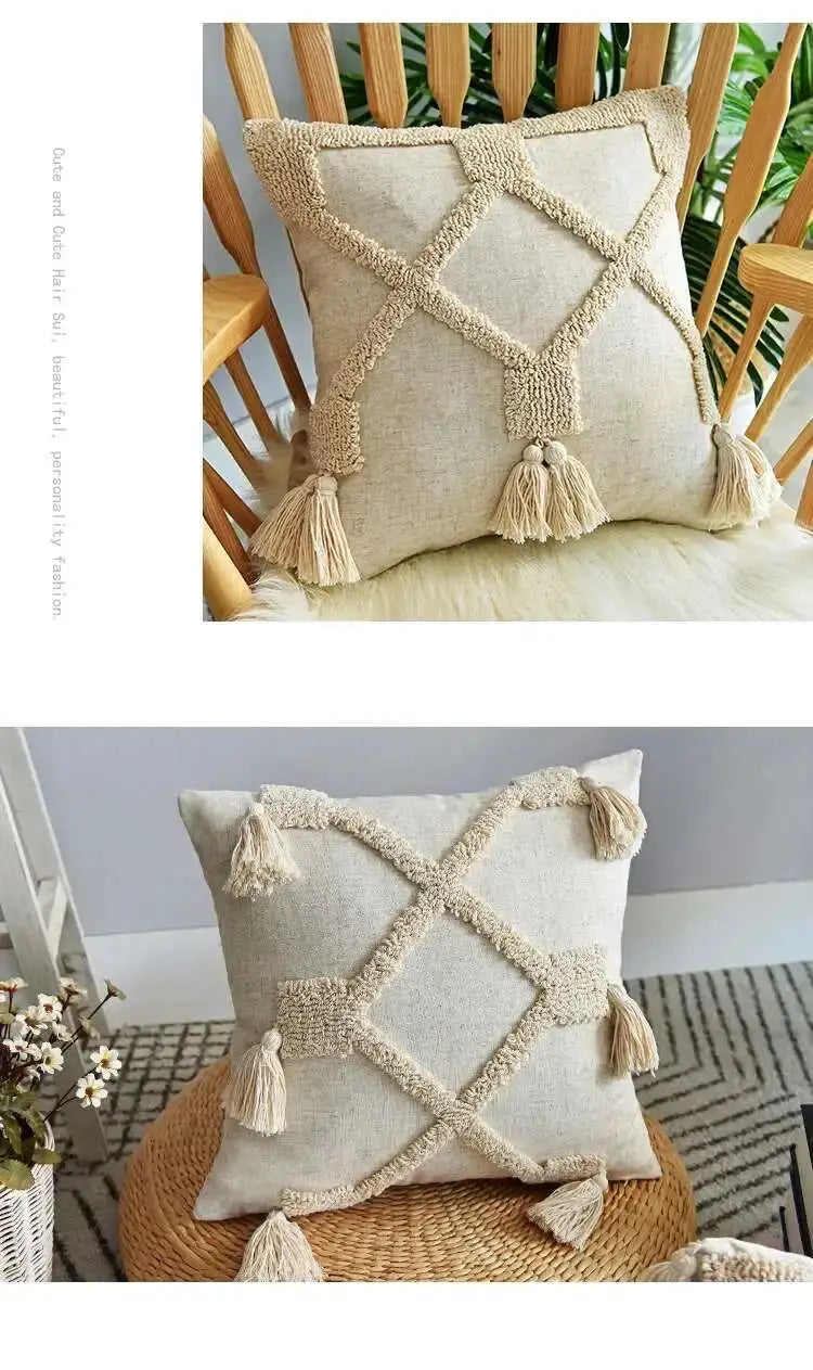 Boho linen cushion cover beige with tassel lattice trim; two cushions on display, 45x45cm/30x50cm
