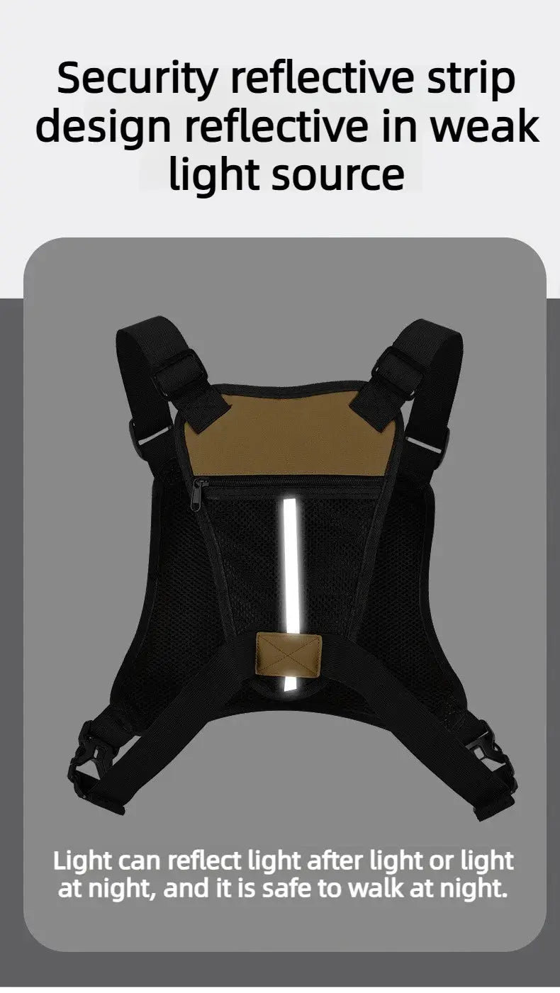 Outdoor tactical chest bag for men, black with brown top panel, reflective strip and adjustable straps.