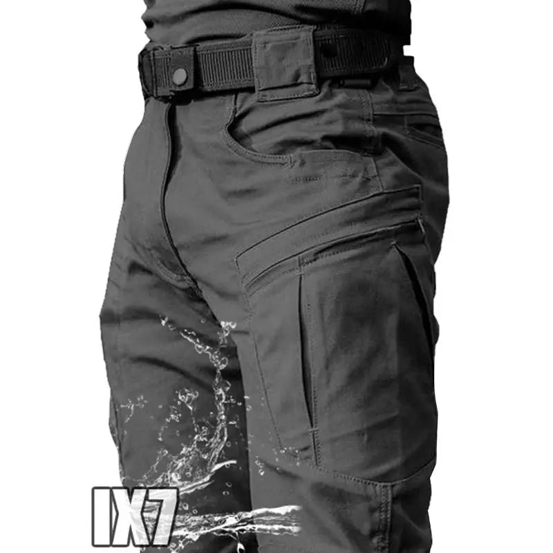 Tactical cargo pants for men, gray waterproof quick-dry fabric with cargo pockets and belt.