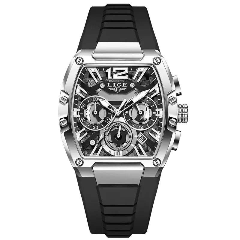 LIGE men's chronograph wristwatch with silver-tone case and black silicone strap, skeleton dial